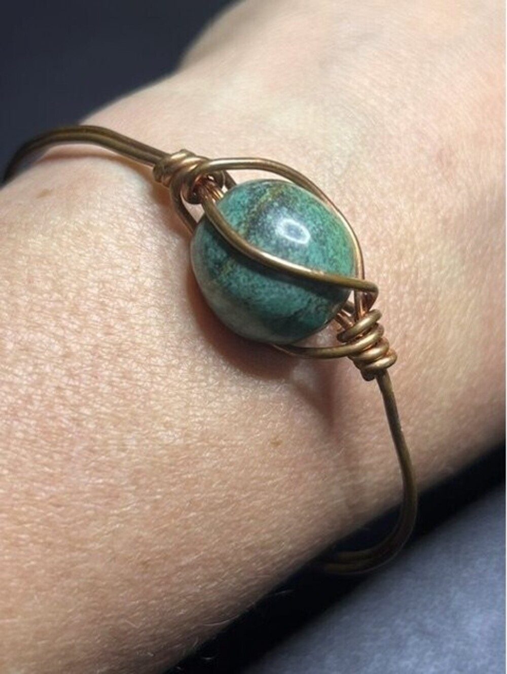 B6374 Artisan Wire Wrapped Faux turquoise Copper Bangle Bracelet Adjustable